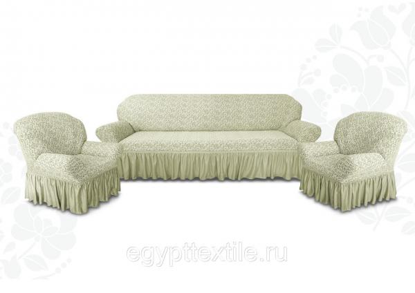 Комплект чехлов для мягкой мебели Жаккард молочный (трехместный диван и 2 кресла) -1447